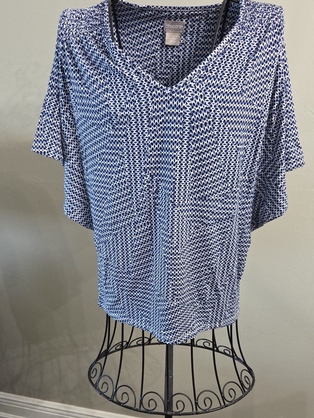 Chico's Navy and White Geometric V-Neck Blouse